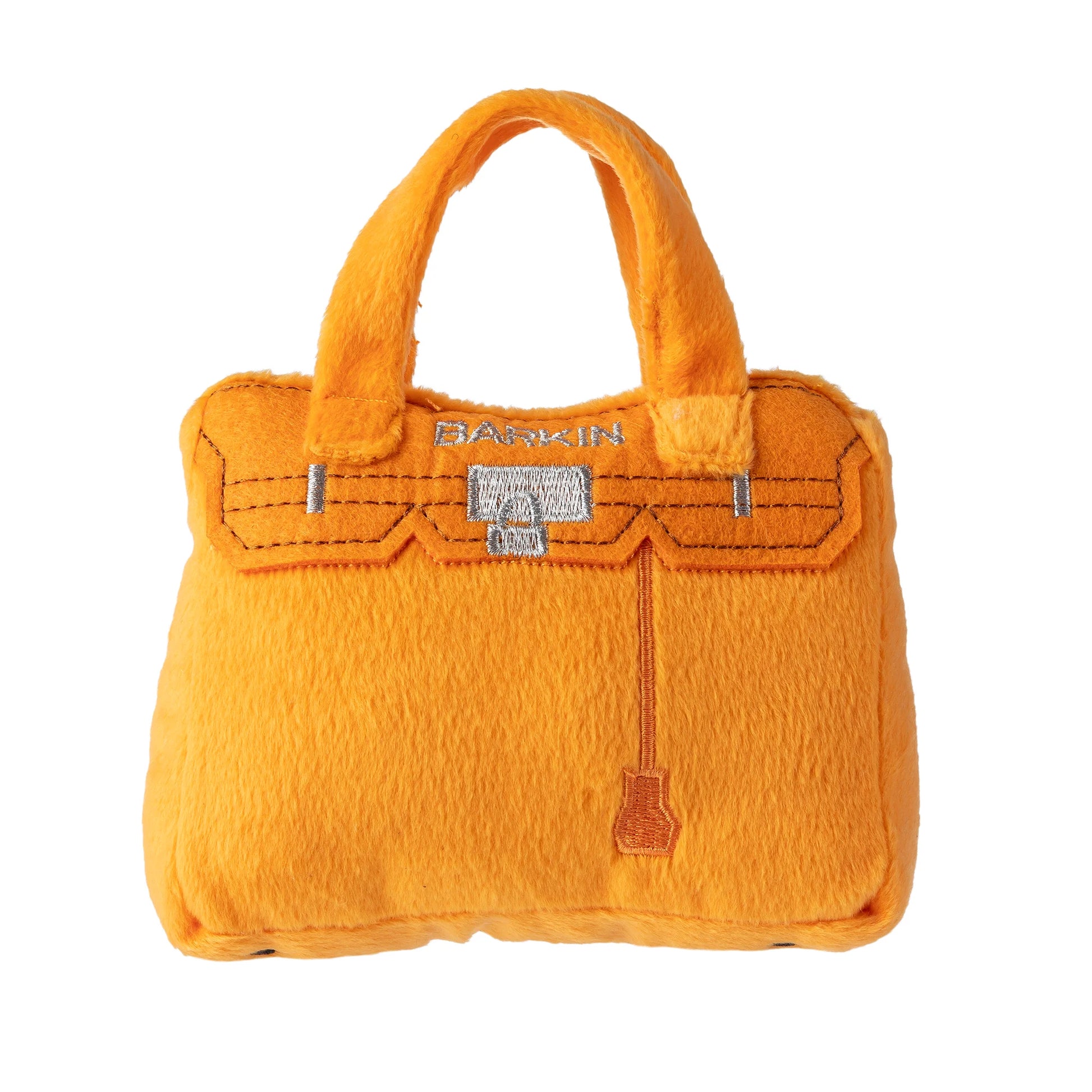 The Haute Diggity Dog Barkin Bag Squeaker Dog Toy is a chic orange plush shaped like a handbag with “BARKIN” embroidery, stitched handles, and clasp—perfect for your stylish pup!.