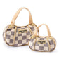 The Haute Diggity Dog Checker Chewy Vuiton Handbag plush toys feature beige and gray checkered patterns and "Chewy Vuiton Paris" labels. Each squeaky toy is perfect for fashionable pups.