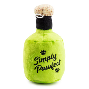 A bottle-shaped green plush dog toy from Haute Diggity Dog, the Puptron Tequila Dog Toy features a fabric cork and is embroidered with “Simply Pawfect” and paw prints on the front. Part of the Muttini Bar & Grill Collection, it brings playful style to your pup’s toy assortment.