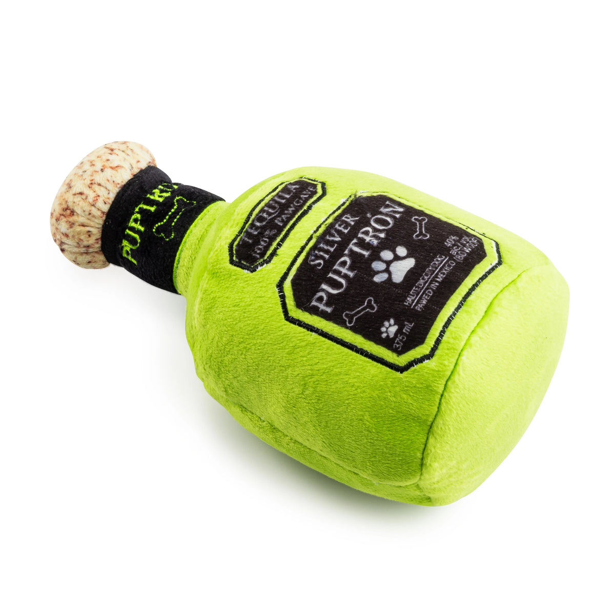 A green plush dog toy shaped like a tequila bottle labeled “Puptron,” featuring a faux cork and black neck tag, from the Haute Diggity Dog Muttini Bar & Grill Collection.