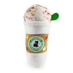 The Haute Diggity Dog Starbarks Pupkin Spice Latte is a plush toy shaped like a pumpkin spice latte cup, featuring whipped cream, a green felt leaf, and an embroidered “Starbarks Pupkin Spice Latte Toy” label.