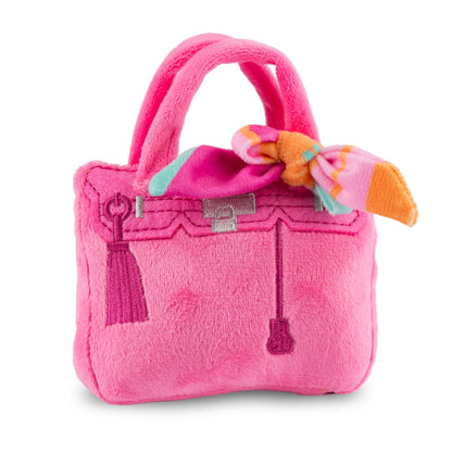 The Haute Diggity Dog Pink Barkin Bag Dog Toy features plush pink fabric, embroidered details, and a colorful scarf—bringing chic style and fun to your pup’s playtime.