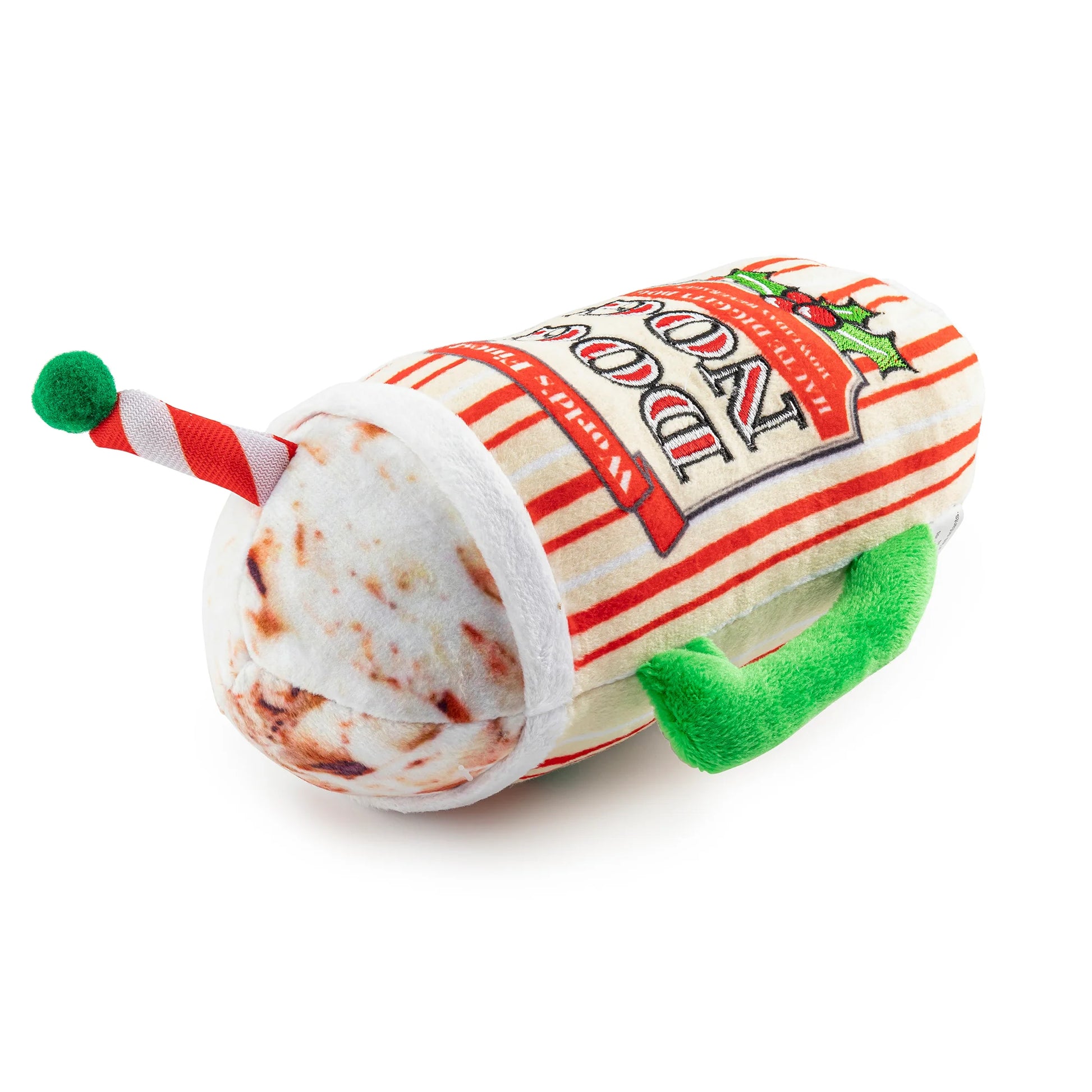 The Holiday Dog Nog by Haute Diggity Dog is a plush toy for dogs featuring a green handle, red-and-white striped end, and an internal squeaker—perfect for festive holiday fun with your pup.