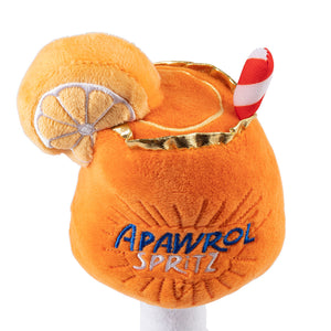 The Haute Diggity Dog Apawrol Spritz Plush Toy is a dog squeaky toy shaped like an orange cocktail, with a slice of orange, red-and-white striped straw, and "APAWROL SPRITZ" embroidered on the front.