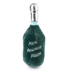 The LaBarka Pawsecco Dog Toy by Haute Diggity Dog is a plush, squeaky bottle toy with a silver top and "More Pawsecco Please" stitched on the front—ideal for playful pups.