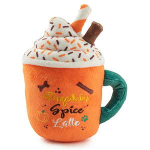 The Haute Diggity Dog Pupkin Spice Latte Mug Dog Toy is a plush autumn toy shaped like an orange latte mug with embroidered text, whipped cream topping, sprinkles, two plush straws, and a squeaker inside.