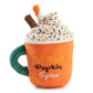 The Haute Diggity Dog Pupkin Spice Latte Mug Dog Toy features a plush pumpkin spice latte design with whipped cream, sprinkles, a straw, and "But First Pumpkin Spice" embroidery—a fun squeaky autumn toy for pups!.