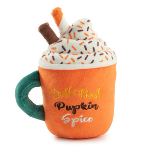 The Haute Diggity Dog Pupkin Spice Latte Mug Dog Toy features a plush pumpkin spice latte design with whipped cream, sprinkles, a straw, and "But First Pumpkin Spice" embroidery—a fun squeaky autumn toy for pups!.