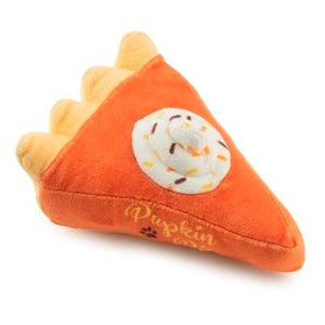 The Pupkin Pie Slice Dog Toy by Haute Diggity Dog is a plush toy shaped like pumpkin pie with an orange body, tan crust, and whipped cream topping—a fun squeaker toy for your pup.