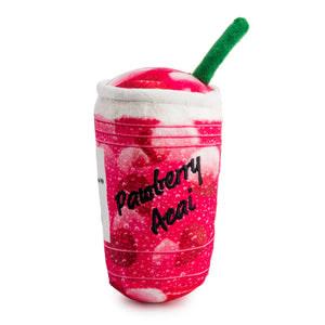 The Starbarks Ruffresher Dog Toy by Haute Diggity Dog is a coffee-themed squeaker toy shaped like a pink and white raspberry acai drink cup with a green straw and "raspberry acai" on the front.