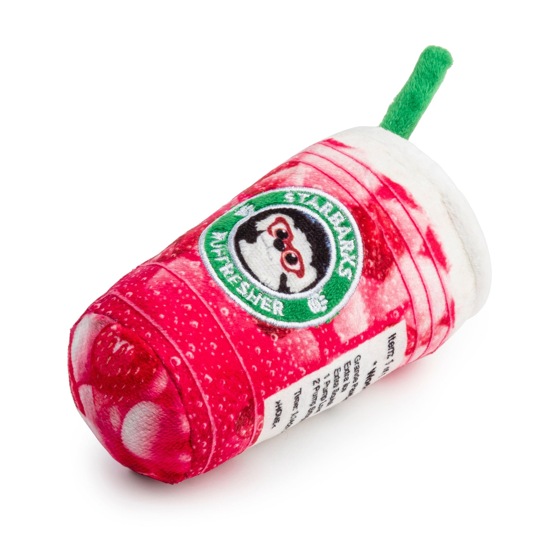 The Starbarks Ruffresher Dog Toy by Haute Diggity Dog is a plush, squeaky toy shaped like a pink iced drink cup with straw and parody logo—perfect for playful pups who love fun.