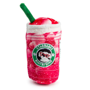 The Haute Diggity Dog Starbarks Ruffresher Dog Toy is a red and white plush iced drink cup with a green straw, dog face, fun squeaker, and "Starbarks Ruffresher" logo—perfect for coffee-loving pups!.