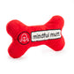 The Haute Diggity Dog Chewlulemon Bone Dog Toy is a red, bone-shaped plush with a "mindful mutt" label and dog face icon—ideal as a yoga dog toy or cuddly soft companion.