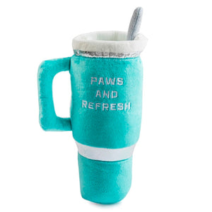 The Haute Diggity Dog Snuggly Cup Dog Toy in teal is a plush squeaky toy shaped like a travel mug with handle, lid, straw, and "PAWS AND REFRESH" text—perfect as a playful tumbler toy for your pup.