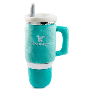 The Snuggly Cup Dog Toy, Teal by Haute Diggity Dog is a plush, squeaky toy shaped like a travel mug with silver accents and "SNUGGLY" embroidered—perfect for playful pups!.