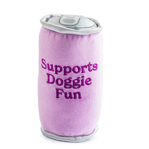 The Olipup Grrrape Dog Toy by Haute Diggity Dog is a plush, can-shaped squeaky toy in light purple with “Supports Doggie Fun” embroidered in dark pink—perfect for adding playful wellness to your pup’s day.