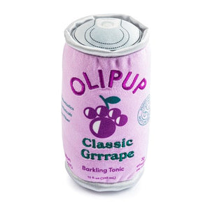 The Olipup Grrrape Dog Toy by Haute Diggity Dog is a plush, squeaky dog toy styled like a can with purple grape graphics—a playful and wellness-inspired accessory for your pup.