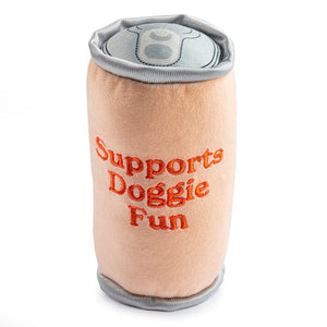 The Olipup Pawberry Vanilla Dog Toy by Haute Diggity Dog is a plush, soda can-shaped squeaky toy, light brown with gray ends and "Supports Doggie Fun" embroidered in orange—ideal for entertaining your pup for hours.