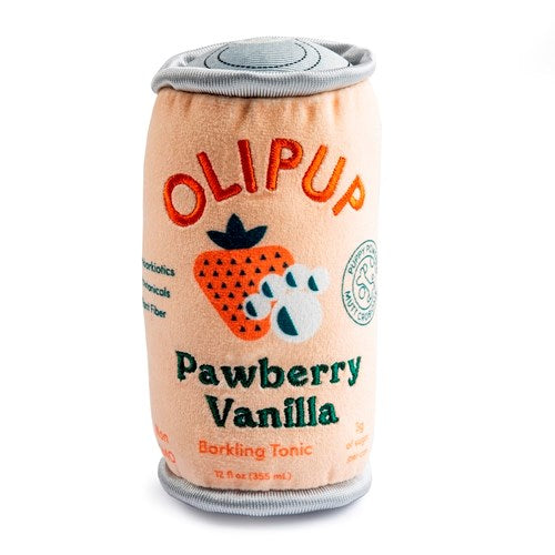 The Olipup Pawberry Vanilla Dog Toy by Haute Diggity Dog is a plush, can-shaped squeaky toy featuring strawberry and paw print graphics—perfect for playful pups.