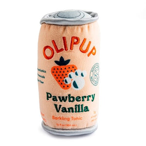 The Olipup Pawberry Vanilla Dog Toy by Haute Diggity Dog is a plush, can-shaped squeaky toy featuring strawberry and paw print graphics—perfect for playful pups.