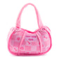 The Pink Chewy Vuiton Handbag by Haute Diggity Dog is a plush, squeaky dog toy featuring a checkered design, paw prints, bones, and a "Chewy Vuiton Paris" label—a chic accessory for your pup.