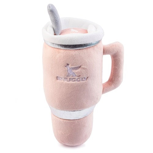 The Snuggly Cup Dog Toy in blush by Haute Diggity Dog features a travel mug design with a handle, lid, spoon, and embroidered logo—making this adorable plush tumbler toy perfect for playful pups.