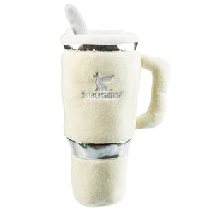 The Haute Diggity Dog Snuggly Pup Plush Toy in Ivory features a cream design with a handle, metallic details, embroidered logo, and includes a matching plush spoon—an adorable, stylish dog toy perfect for playful pups.