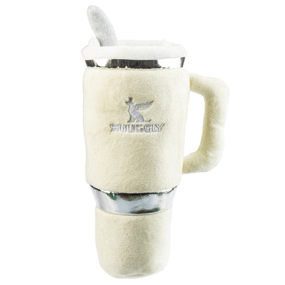 The Haute Diggity Dog Snuggly Pup Plush Toy in Ivory features a cream design with a handle, metallic details, embroidered logo, and includes a matching plush spoon—an adorable, stylish dog toy perfect for playful pups.