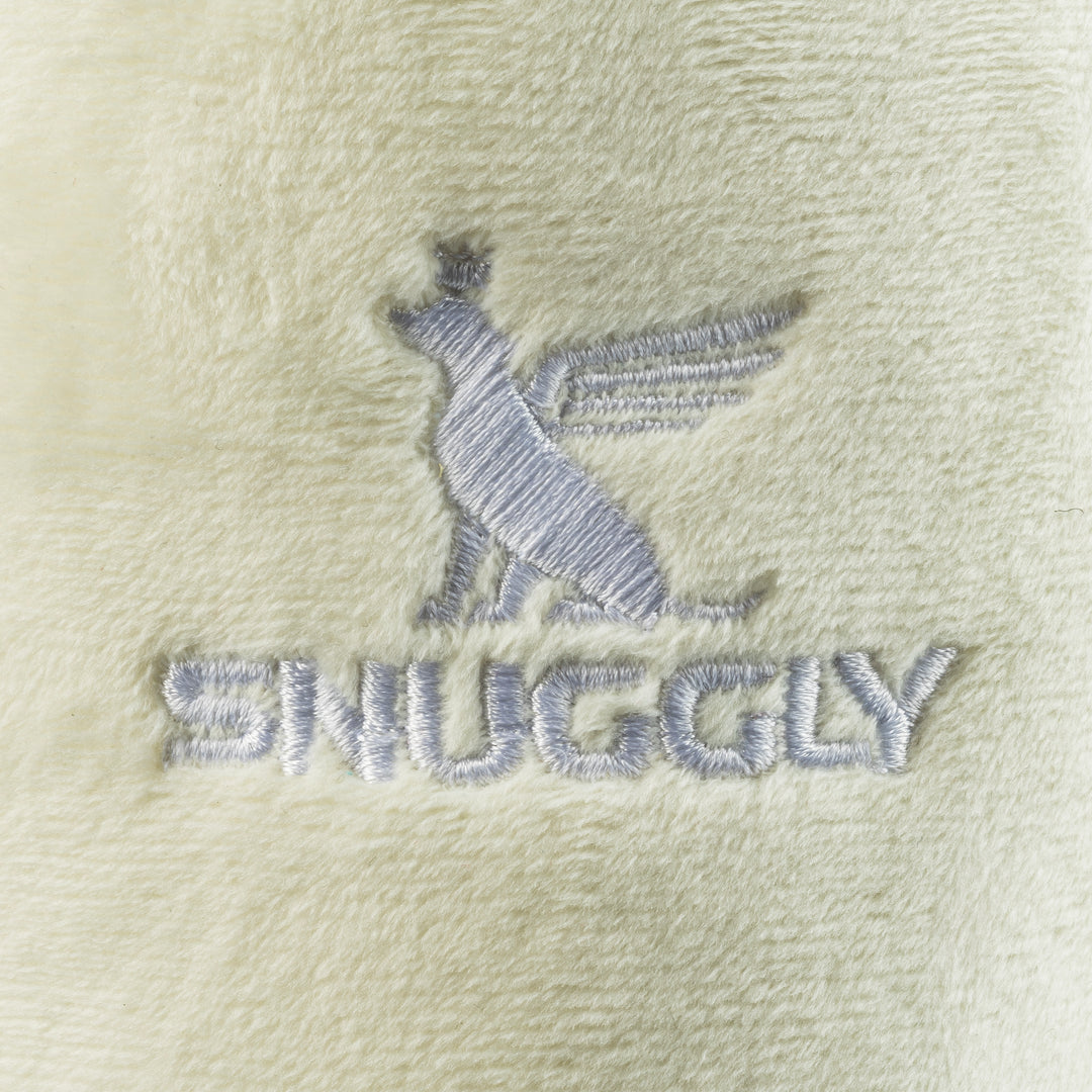 An embroidered grey winged animal logo appears above “SNUGGLY” on the soft ivory surface of the Haute Diggity Dog Snuggly Pup Plush Toy.