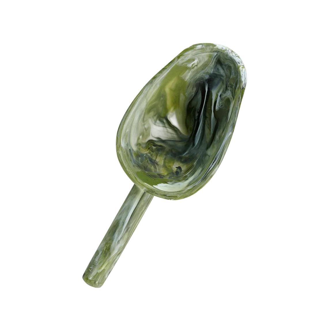 The Nashi Home Serveware Collection, Forest by Nashi Home features a green marbled glass spoon pipe with a rounded bowl and straight stem—a unique accent or conversation-worthy serving piece for your home.