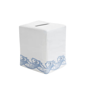 The Haute Home Scrollfish Bath Collection tissue box cover features a white ceramic square design with a dark China blue fish pattern, evoking the look of hand-embroidered Italian linen for an elegant touch.
