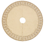 The Kim Seybert Gilded Sparkle Stocking and Tree Skirt Collection features a circular, cream champagne tree skirt with beadwork, three buttons, and luxe details—perfect for metallic holiday décor.