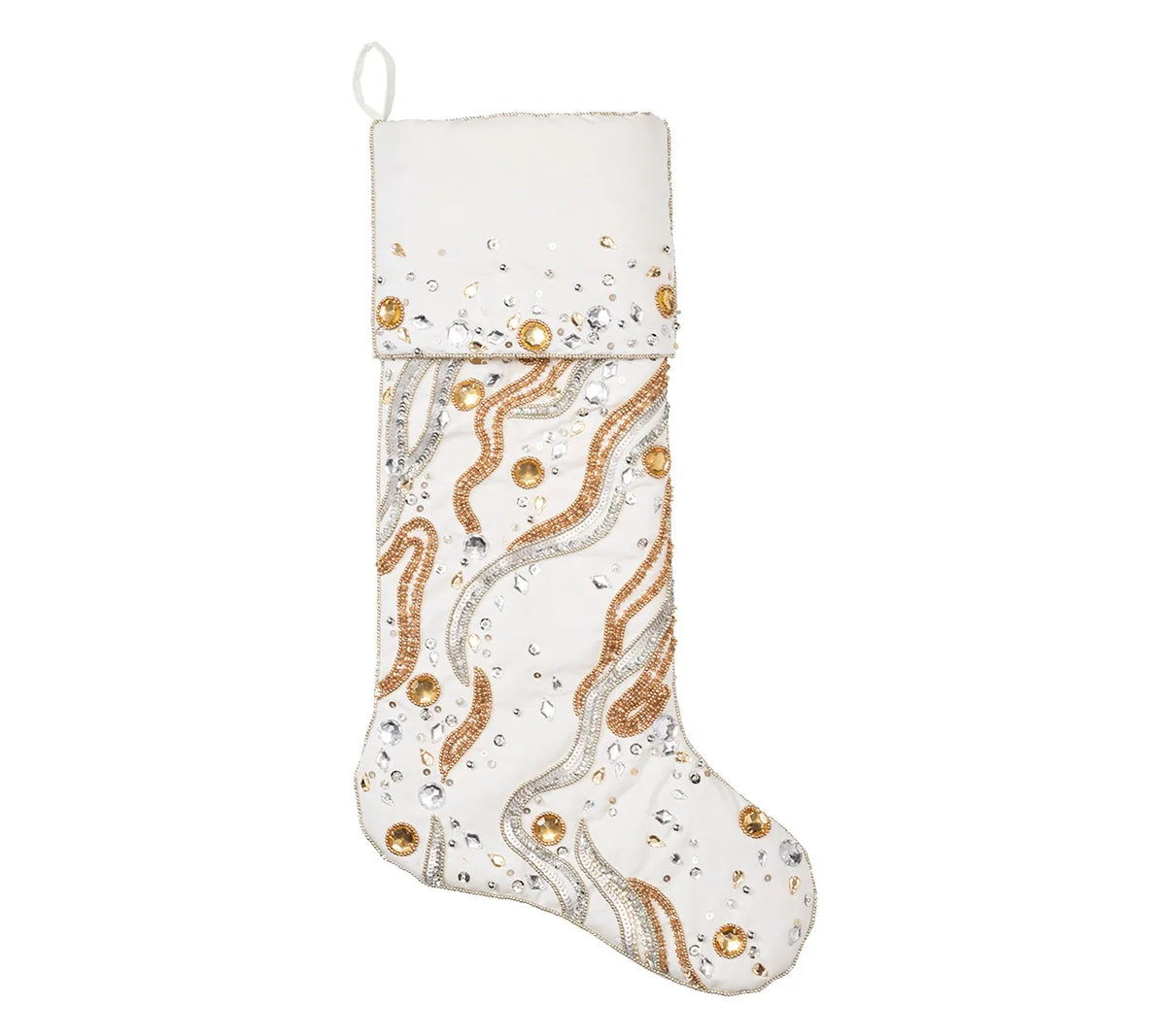 Kim Seybert Gilt Wave stocking featuring white fabric decorated with swirling gold and silver beaded patterns and scattered clear gems.