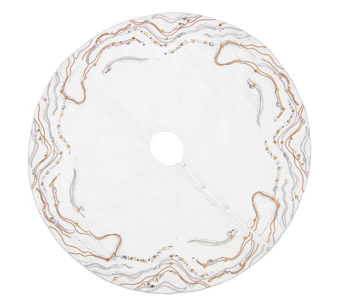 Kim Seybert Gilt Wave tree skirt in white, featuring metallic gold and silver wave patterns embellished with beads and sequins.