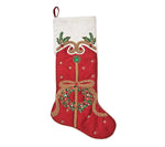 Kim Seybert Jewel Wreath Stocking, Red, Green & Gold: a red Christmas stocking with a white cuff, decorated with a beaded wreath, a bow, and green and red jewel accents for holiday mantel decor.