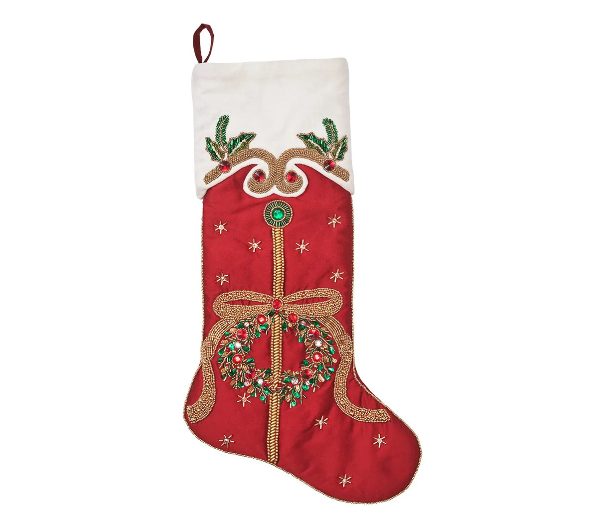 Kim Seybert Jewel Wreath Stocking, Red, Green & Gold: a red Christmas stocking with a white cuff, decorated with a beaded wreath, a bow, and green and red jewel accents for holiday mantel decor.