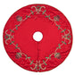 Round red Jewel Garland tree skirt decorated with embroidered and beaded holly, ribbons, and pomegranate motifs.