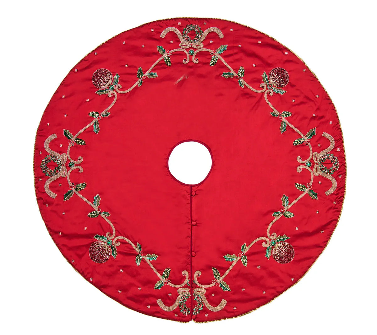 Round red Jewel Garland tree skirt decorated with embroidered and beaded holly, ribbons, and pomegranate motifs.