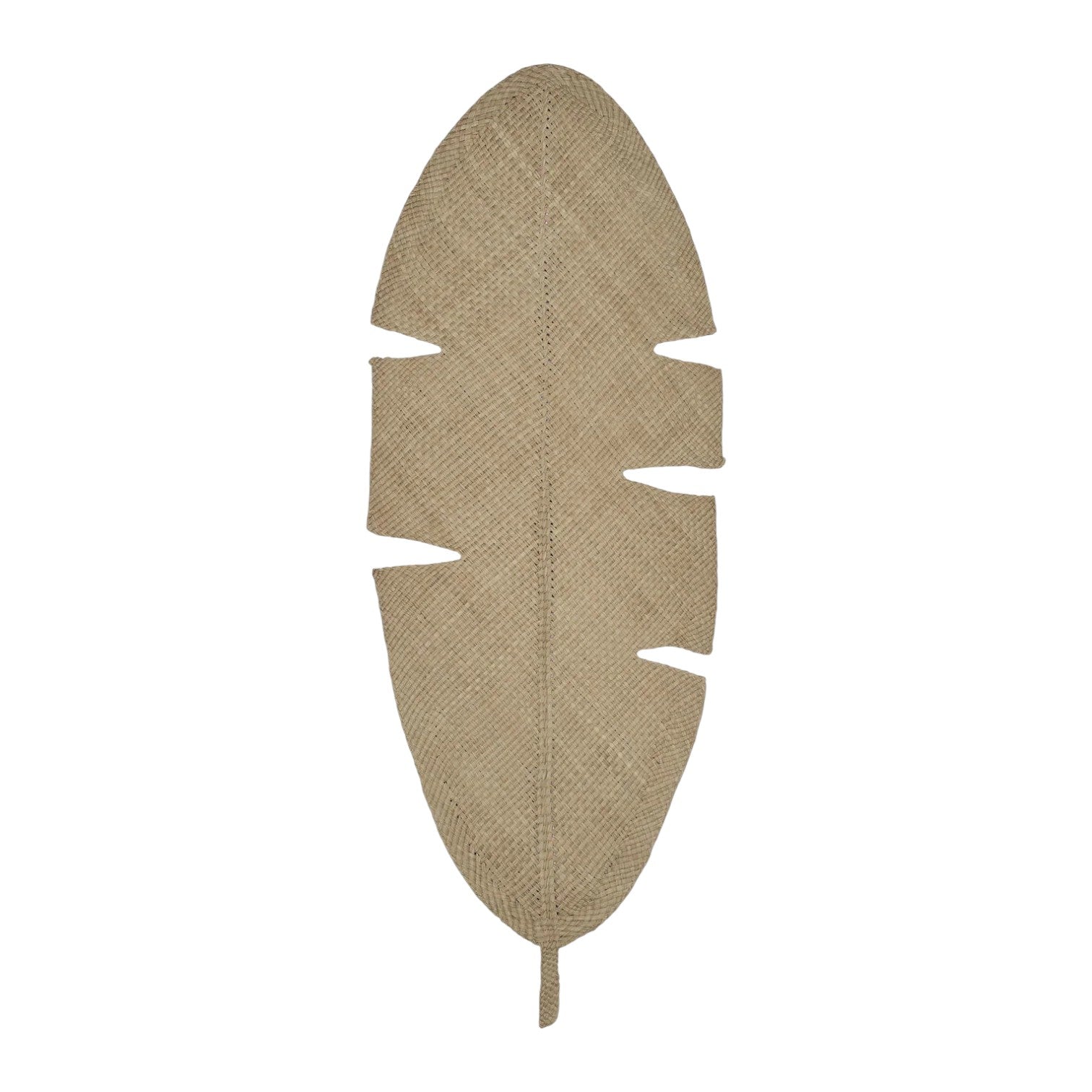 Inspired by Iraca palm mats, the Mythic Ecosystem Table Mat Collection by Johanna Ortiz features beige, leaf-shaped woven pieces with textured surfaces and symmetrical cut-outs for a touch of natural elegance.
