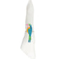 Each of the two white cloth napkins is wrapped with a Mercedes Salazar Parakeet Napkin Ring, handmade and featuring a vibrant embroidered parrot design.