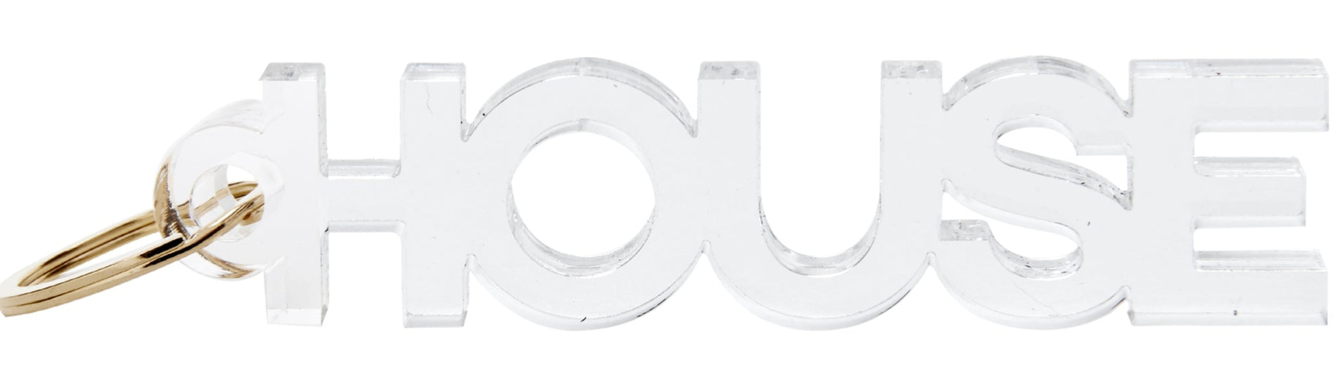 The Acrylic Key Chain Collection by Tara Wilson Designs features clear acrylic key chains shaped as "HOUSE," each with a gold-colored metal key ring attached to the "H"—a stylish way to organize your keys.