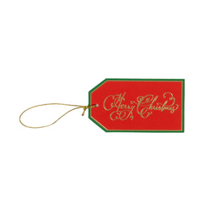 The Caspari Merry Christmas Foil Hanging Gift Tag features gold foil lettering and a slim gold string—ideal for stylish table settings or pairing with your favorite party goods.