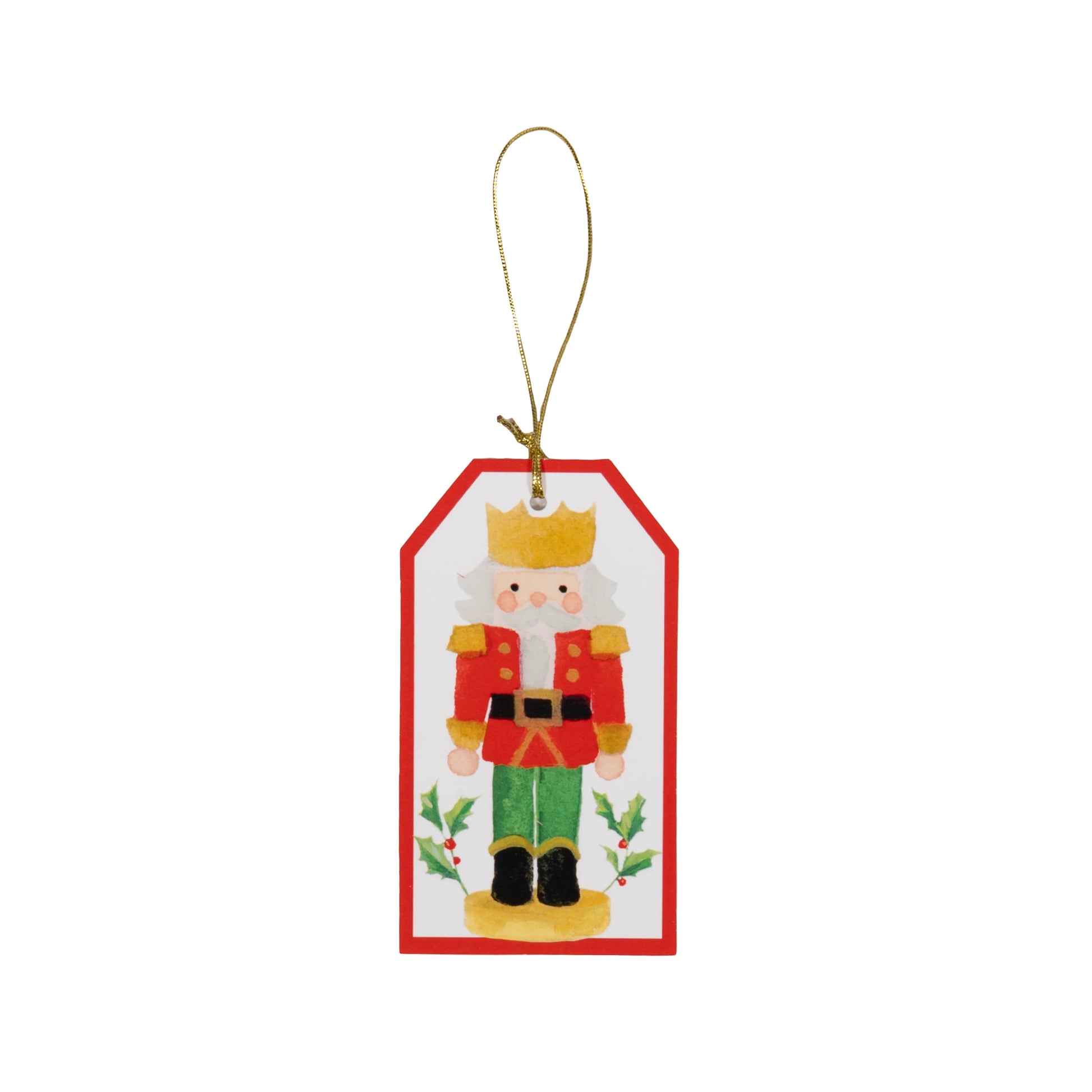 The Caspari Painted Nutcracker Hanging Tag features a cartoon nutcracker illustration and gold string—ideal for enhancing party supplies or adding charm to elegant table settings.