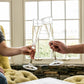 Two people toast with Simon Pearce’s Hartland Champagne Flute Gift Set in front of a large window overlooking the outdoors.