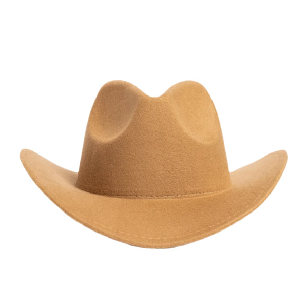 The Great Pretenders Brown Cowboy Hat, featuring a curved brim and indented crown that evoke the spirit of the Wild West Annie Dress, is displayed against a white background.