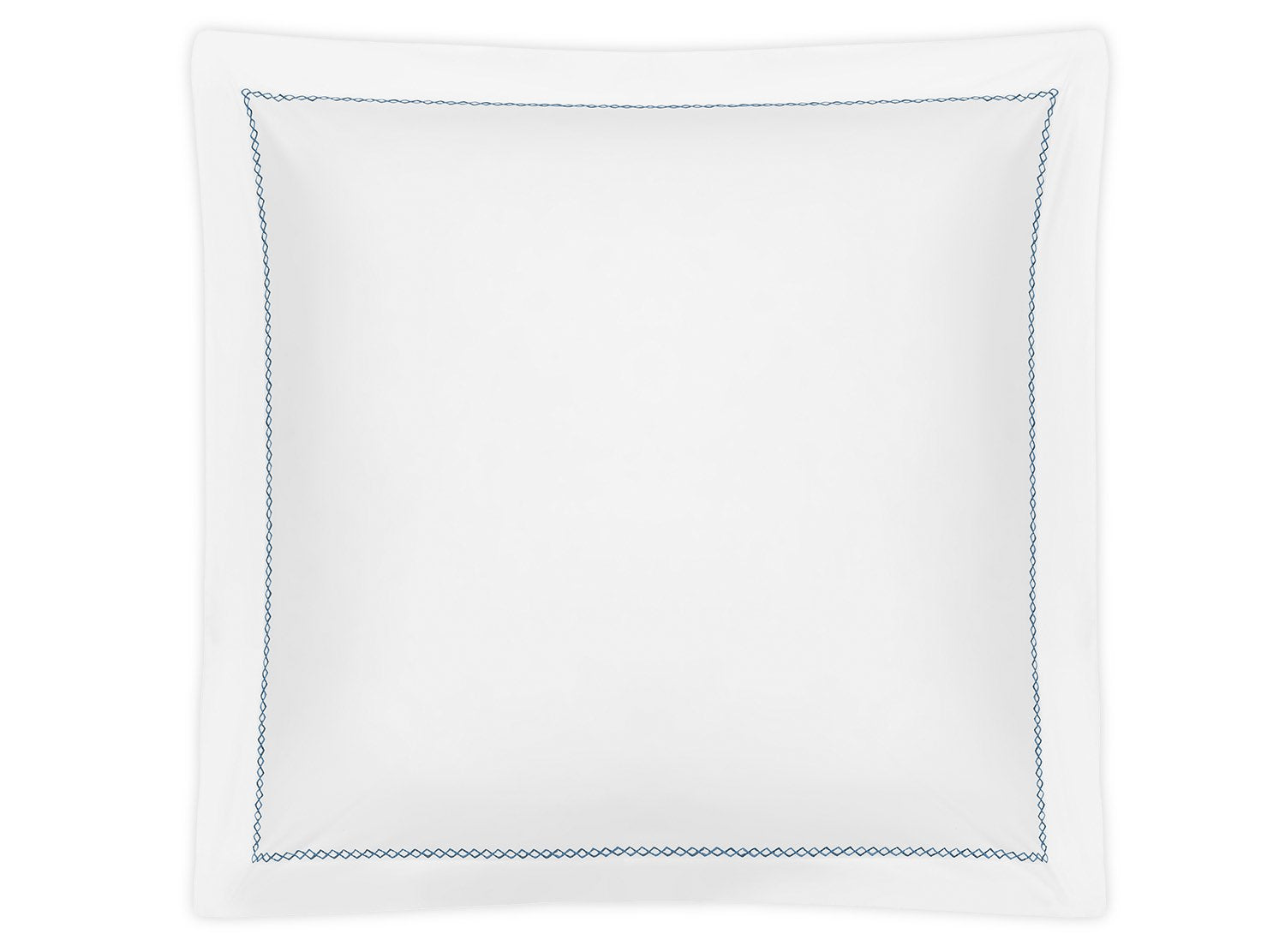 The Matouk Hatch Bedding Collection, Navy, features a white square pillow with a subtle blue embroidered border, crafted from 520 thread count cotton percale and certified to OEKO-TEX Standard 100 for comfort and peace of mind.
