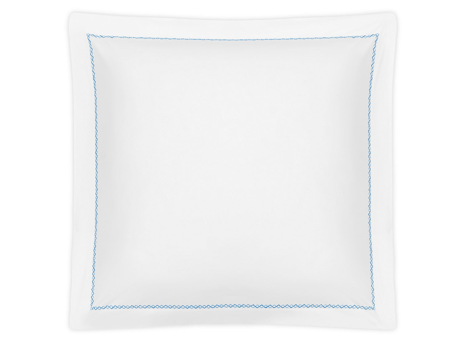 The Matouk Hatch Bedding Collection in Sky features a square white pillowcase made from luxurious Ceylon percale with a blue embroidered border and French knot stitching, shown against a white background.