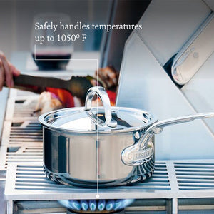 The Hestan NanoBond Titanium Ultimate Cookware 10-Piece Set sits on an outdoor grill, with a text overlay: "Safely handles temperatures up to 1050°F.