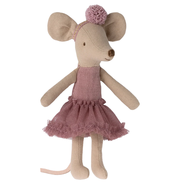 The Maileg Ballerina Mouse, Big Sister - Heather, from Maileg, is dressed in a mauve ballerina outfit with a tulle skirt and a matching headband adorned with a pom-pom, all crafted from soft cotton/linen.