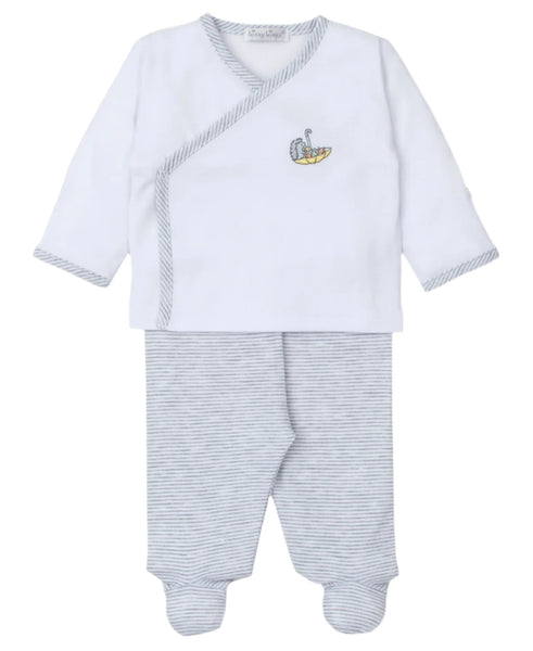 Kissy Kissy Hedgehog Fall Showers Footed Pant Set by Kissy Kissy features a white long-sleeve baby outfit with grey trim and a small embroidered duck on the top, paired with stylish grey stripe pants.